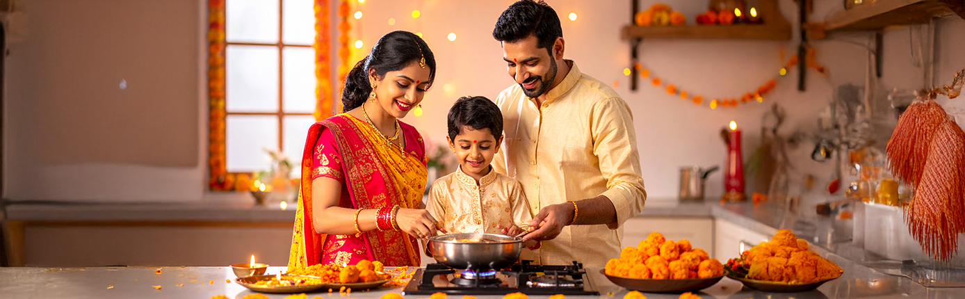 Family cooking on a gas stove in a festive Diwali kitchen.