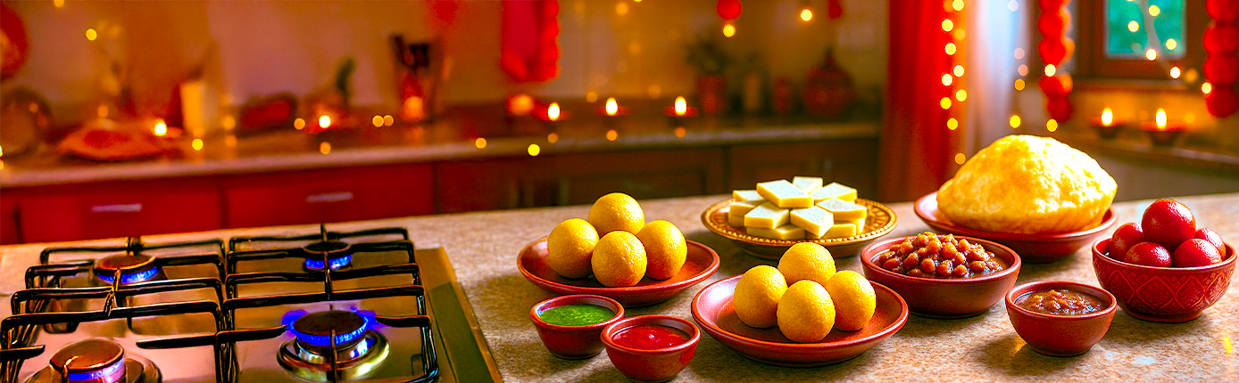 Traditional Indian food preparation for Diwali festival on a gas stove.