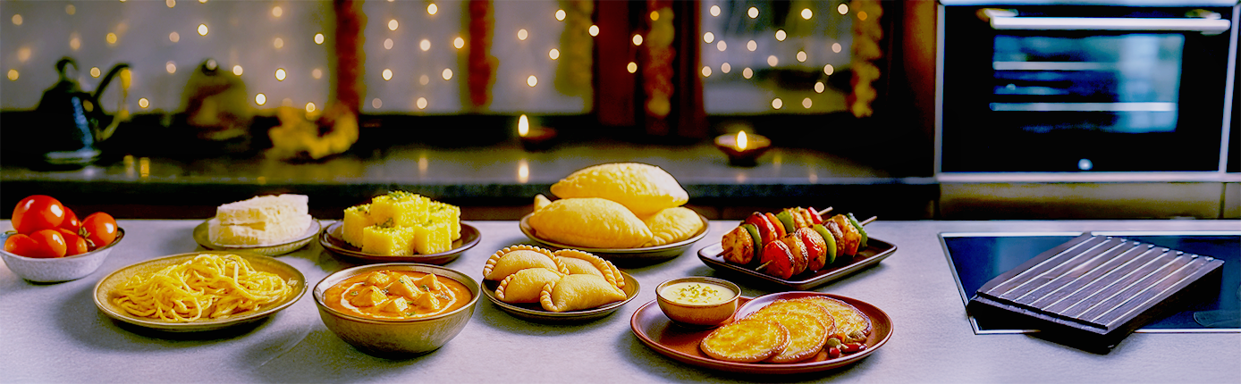 Indian festive dishes including Puri, Curry, Sweets, and Skewers on a kitchen counter.