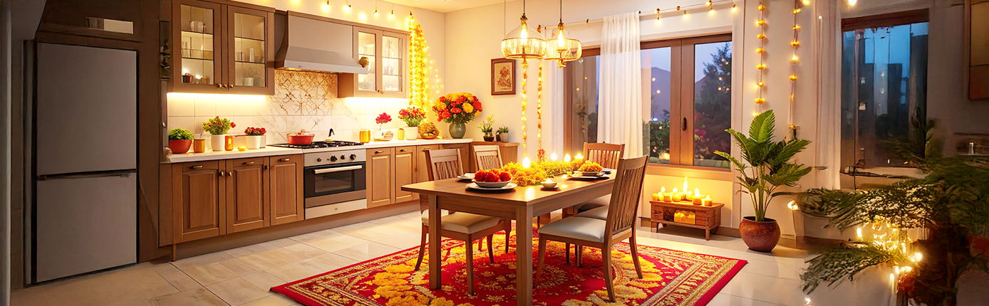 Beautifully decorated kitchen and dining room for a festive Diwali celebration.